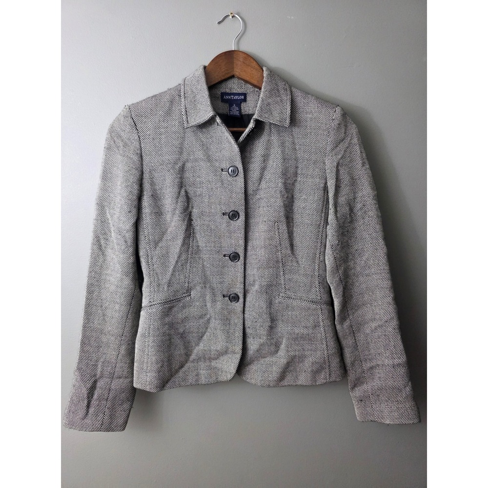 Ann Taylor Womens Black White Micro Houndstooth Wool Blend Blazer Jacket Size 0